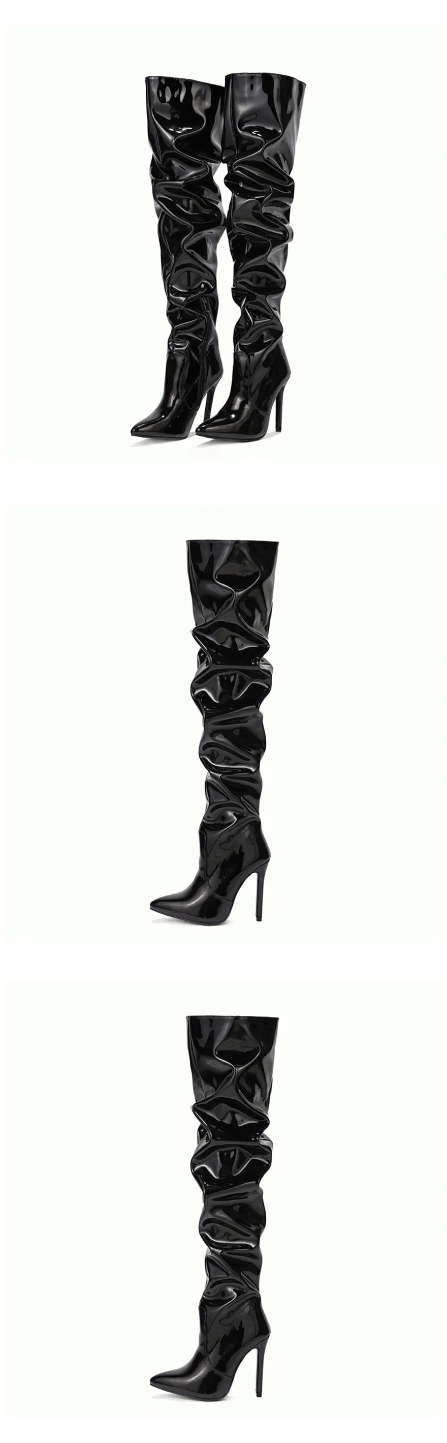 Women Patent Leather Elastic Over The Knee Boots New Female Pointy Thigh High Boots Sexy Slim Black High Heels Party Shoes 35-42