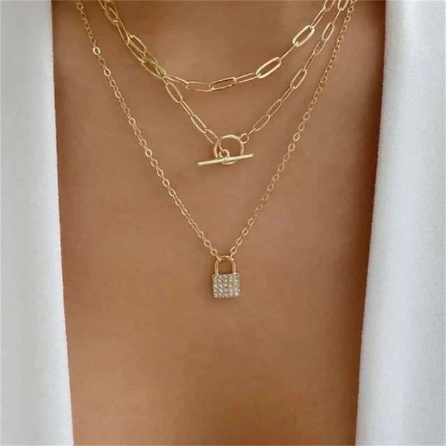 New Multi-layer Fashion Crystal Sheet Heart Pendant Geometry Chain Necklaces For Women Necklace Female Boho Jewelry N0113