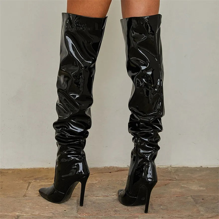 Women Patent Leather Elastic Over The Knee Boots New Female Pointy Thigh High Boots Sexy Slim Black High Heels Party Shoes 35-42