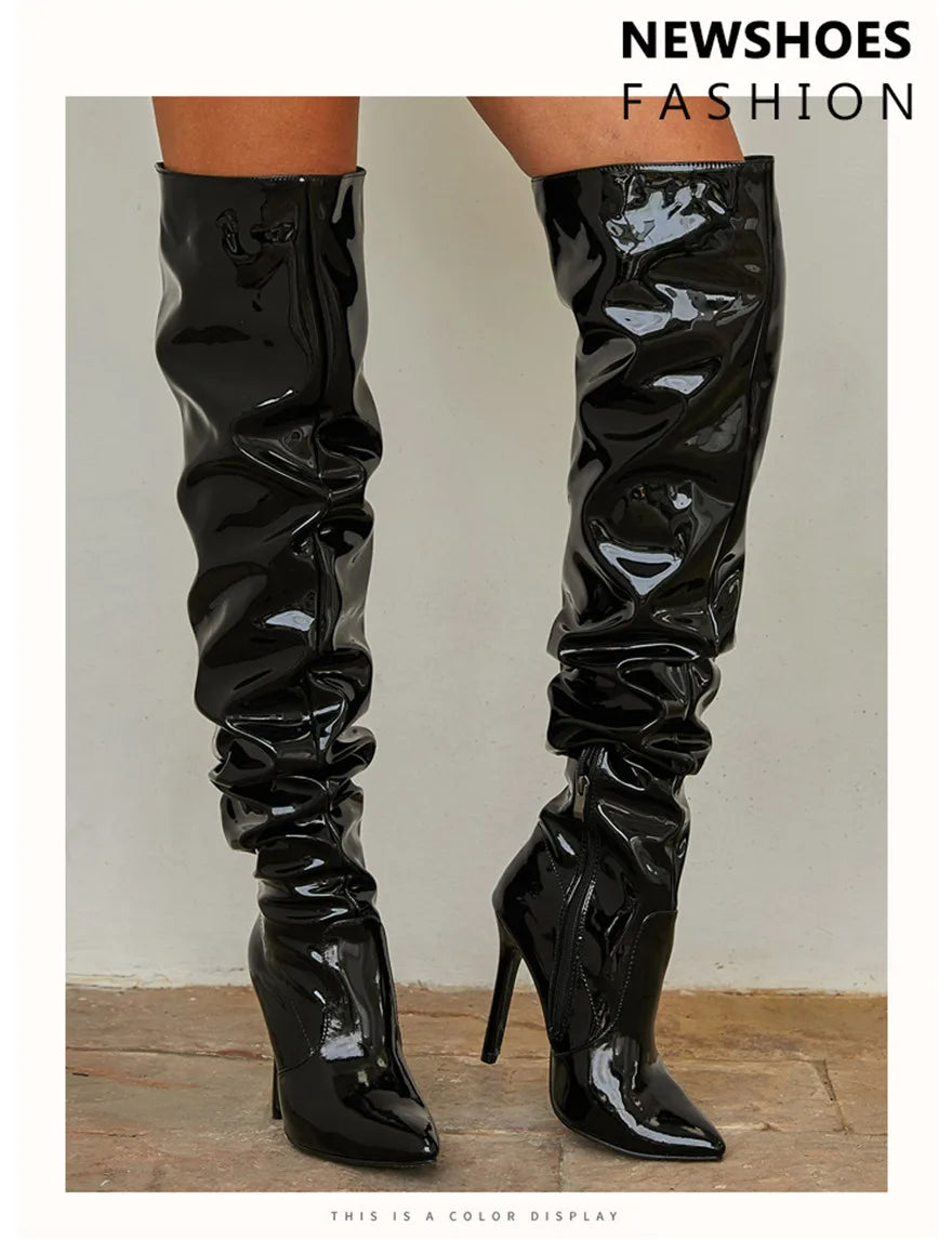 Women Patent Leather Elastic Over The Knee Boots New Female Pointy Thigh High Boots Sexy Slim Black High Heels Party Shoes 35-42