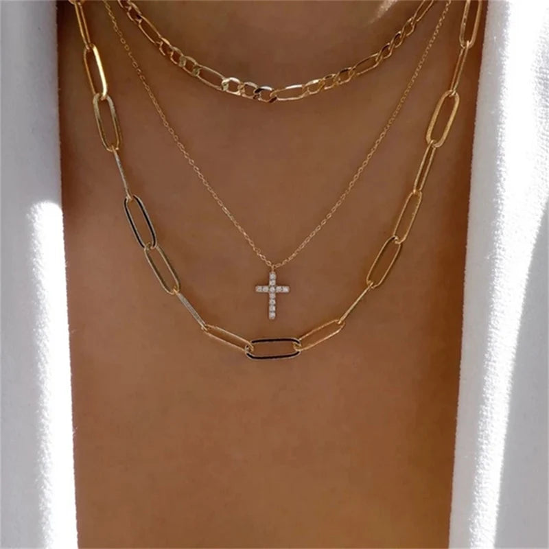 New Multi-layer Fashion Crystal Sheet Heart Pendant Geometry Chain Necklaces For Women Necklace Female Boho Jewelry N0113