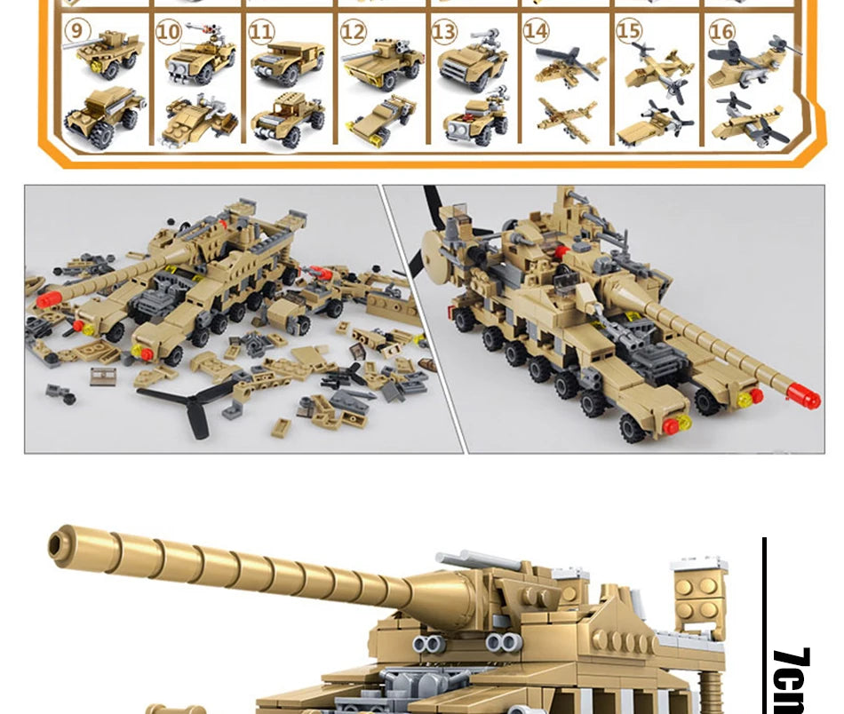 HUIQIBAO 544PCS 16in1 Military Tank Building Blocks Super Vehicle Plane Truck Car Ship Army Bricks Educational Toys For Children