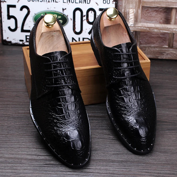 Men's Crocodile Dress Leather Shoes Lace-Up Wedding Party Shoes Mens Business Office Oxfords Flats Plus Size Men Fashion