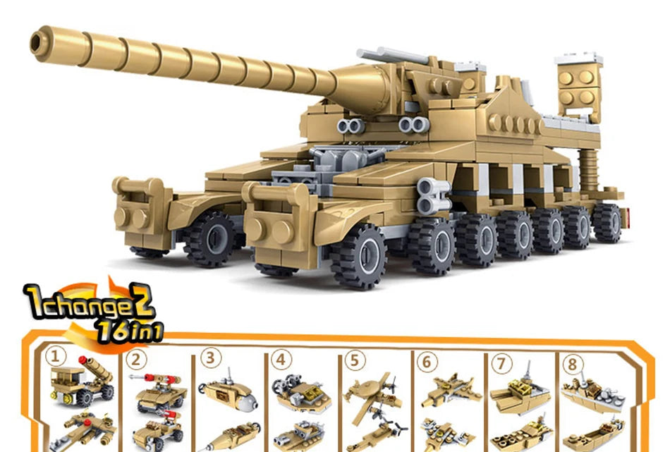 HUIQIBAO 544PCS 16in1 Military Tank Building Blocks Super Vehicle Plane Truck Car Ship Army Bricks Educational Toys For Children