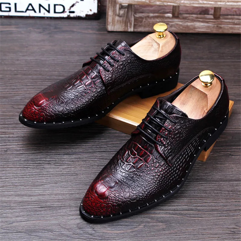 Men's Crocodile Dress Leather Shoes Lace-Up Wedding Party Shoes Mens Business Office Oxfords Flats Plus Size Men Fashion