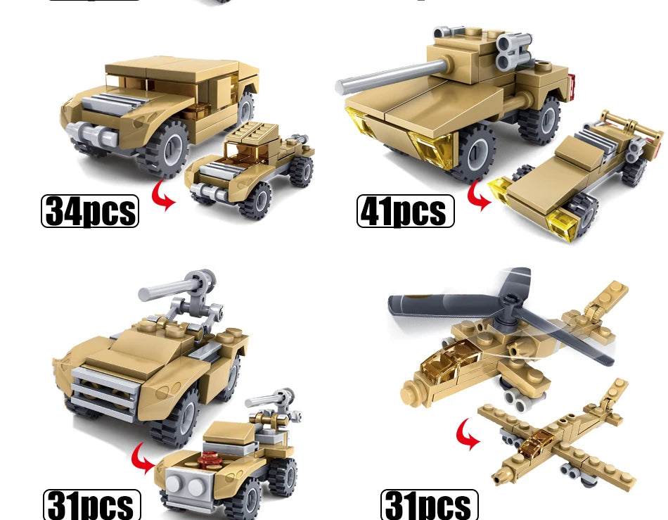 HUIQIBAO 544PCS 16in1 Military Tank Building Blocks Super Vehicle Plane Truck Car Ship Army Bricks Educational Toys For Children