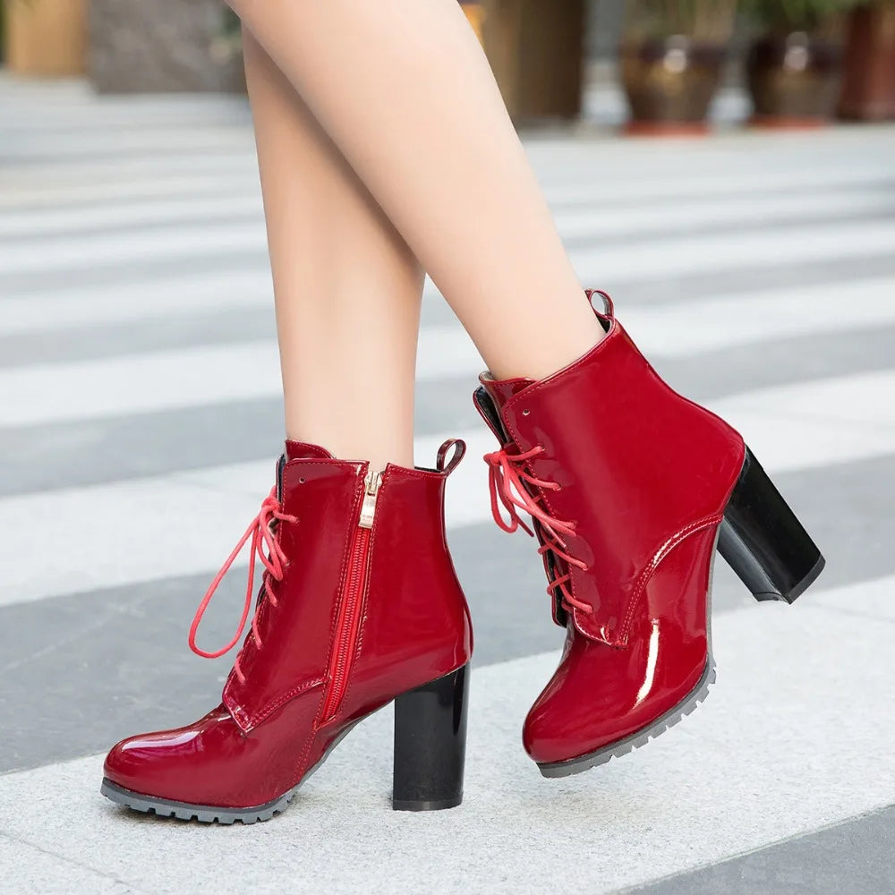 Fashion Ankle Boots For Women Winter Shoes Block High Heels Patent Lace-up Women's Short Boot Blue Red Black Large size 45 46