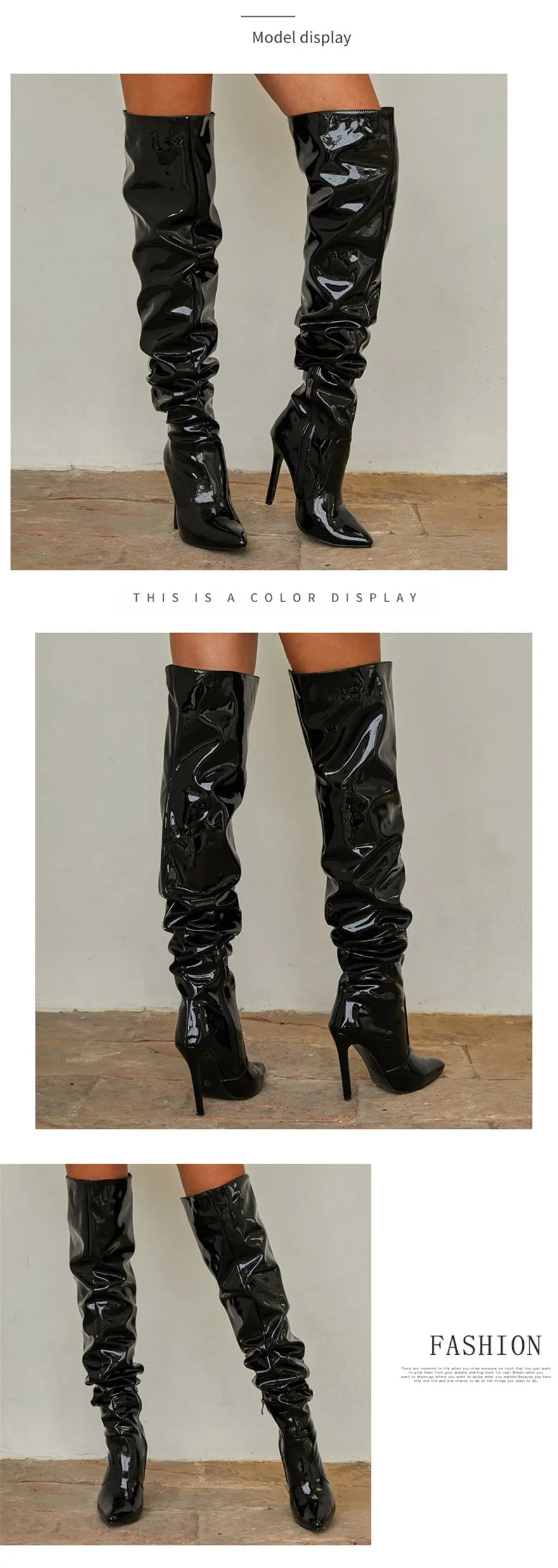 Women Patent Leather Elastic Over The Knee Boots New Female Pointy Thigh High Boots Sexy Slim Black High Heels Party Shoes 35-42