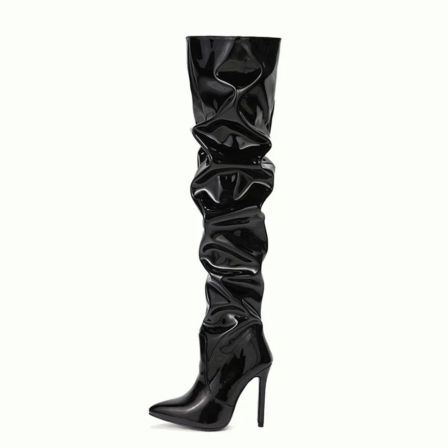 Women Patent Leather Elastic Over The Knee Boots New Female Pointy Thigh High Boots Sexy Slim Black High Heels Party Shoes 35-42