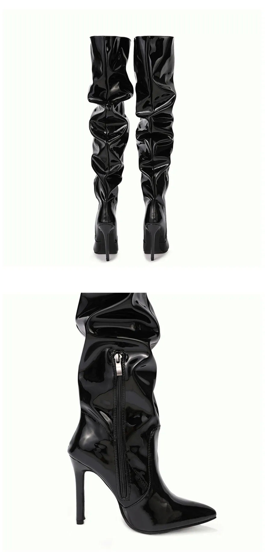 Women Patent Leather Elastic Over The Knee Boots New Female Pointy Thigh High Boots Sexy Slim Black High Heels Party Shoes 35-42