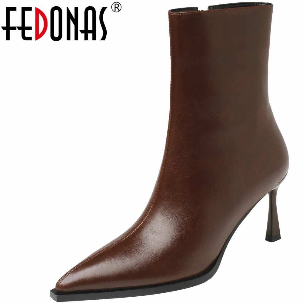 FEDONAS Thin High Heels Women Ankle Boots Pointed Toe Elegant Shoes Woman Autumn Winter Side Zipper Genuine Leather Office Lady