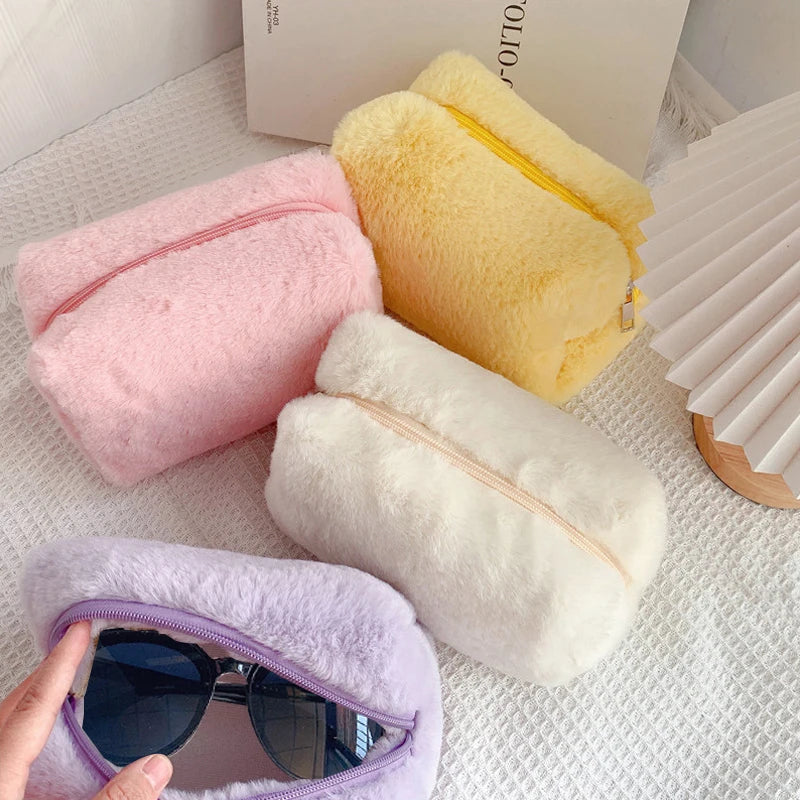 Solid Color Cosmetic Bag for Women Cute Plush Makeup Bag Zipper Travel Make Up Toiletry Bag Washing Pouch Plush Pencil Pouch