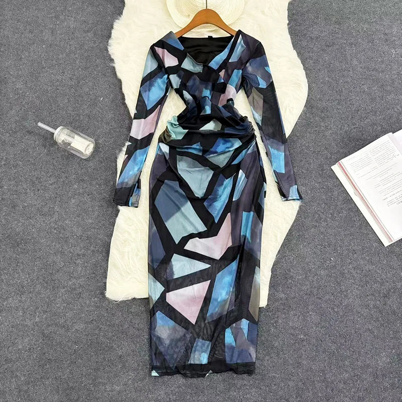 Mesh Print Women Maxi Dress V Neck Full Sleeve Bodycon Trendy Hipsters High Street Party Vintage  Attirewear