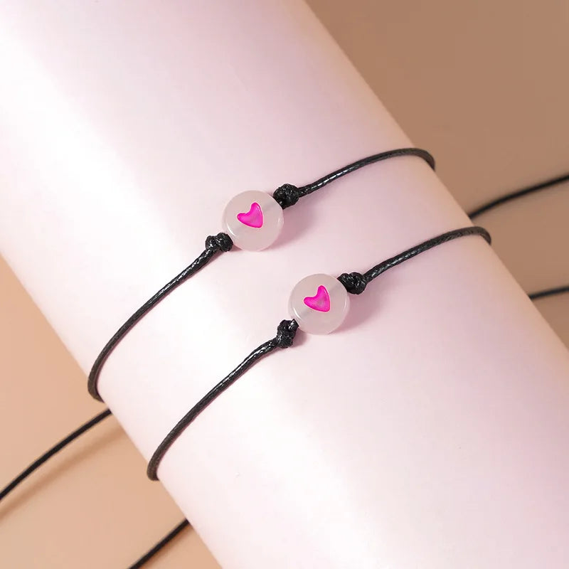 2Pcs Pinky Promise Couple Bracelets for Women Simple Cute Luminous Heart Bead Braided Bracelet Friendship Aesthetic Jewelry Gift