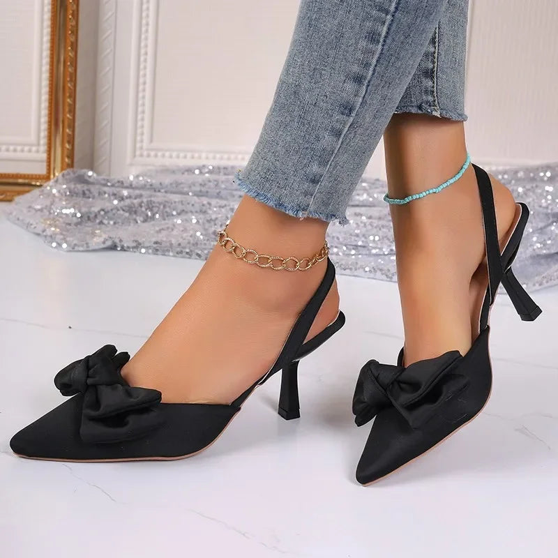 2024 Women's Shoes Summer New Style Bow Women's Slingback High Heels Sexy Dress Stiletto Pointed Toe Women's High Heels Women