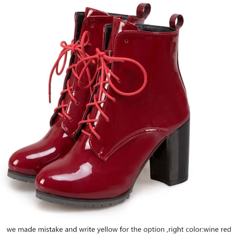 Fashion Ankle Boots For Women Winter Shoes Block High Heels Patent Lace-up Women's Short Boot Blue Red Black Large size 45 46