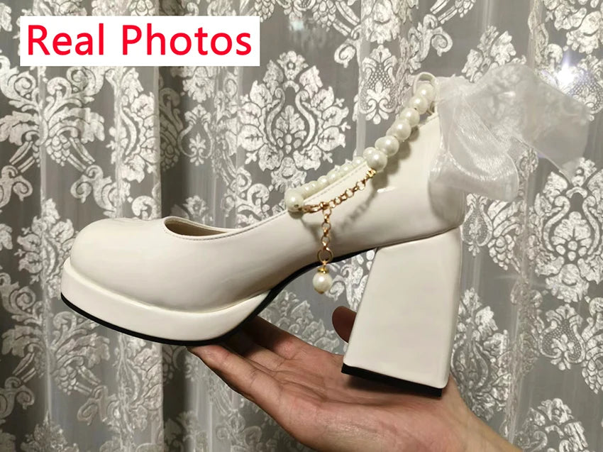 platform Women heels Elegant Pearl ankle strap Wedding shoes with bow Fashion Thick Heel Mary Jane Shoes Women Simple party pump