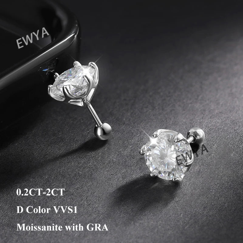 EWYA 925 Sterling Silver 0.2-2ct D VVS1 6 Prong Diamond with GRA Moissanite Screw Stud Earrings For Women Wedding Fine Jewelry