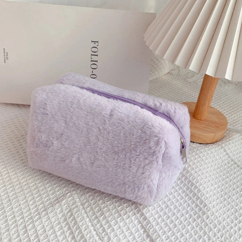 Solid Color Cosmetic Bag for Women Cute Plush Makeup Bag Zipper Travel Make Up Toiletry Bag Washing Pouch Plush Pencil Pouch