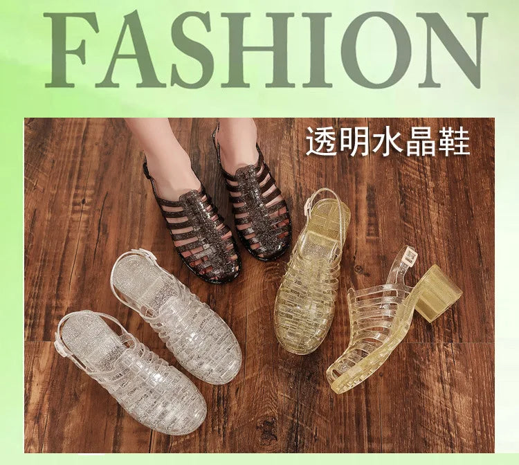 Comemore High Heels Women's Pvc Sandals for Summer 2023 Women Shoes Block Medium Heel Casual Plastic Sandal Clear Footwear Cheap