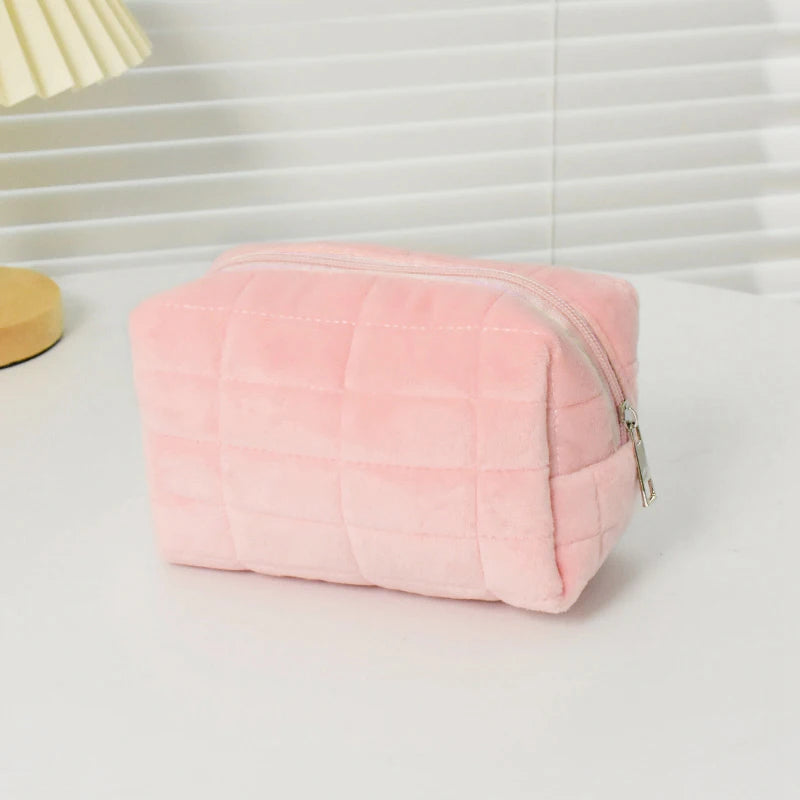 Solid Color Cosmetic Bag for Women Cute Plush Makeup Bag Zipper Travel Make Up Toiletry Bag Washing Pouch Plush Pencil Pouch