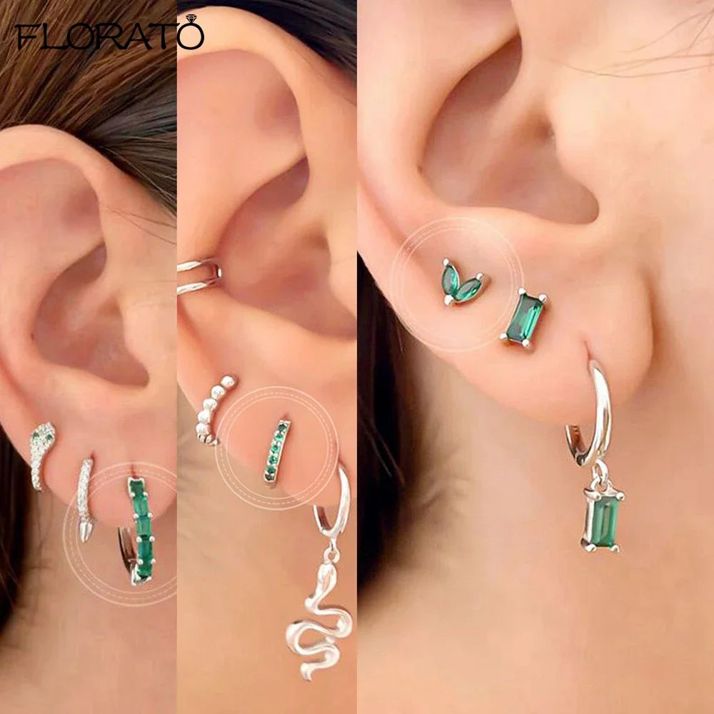 925 Sterling Silver Needle Luxury Green Earrings Trend Small Hoop Earrings for Women Fashion Puncture Jewelry Ear Accessories