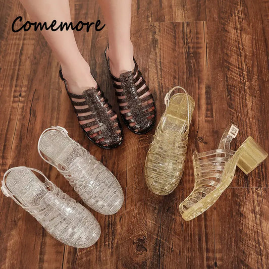 Comemore High Heels Women's Pvc Sandals for Summer 2023 Women Shoes Block Medium Heel Casual Plastic Sandal Clear Footwear Cheap