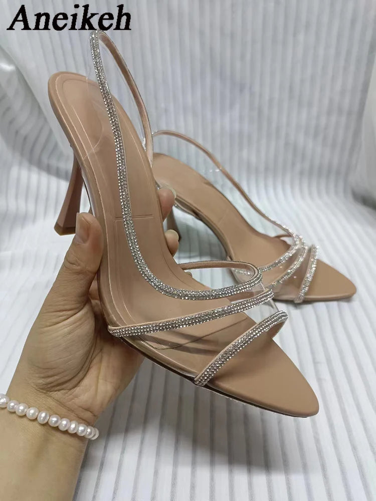 Aneikeh Fashion Women Pumps Sandals Summer Sexy Slingback High Heels Rhinestones Elegant Pointed Toe Transparent PVC Party Shoes