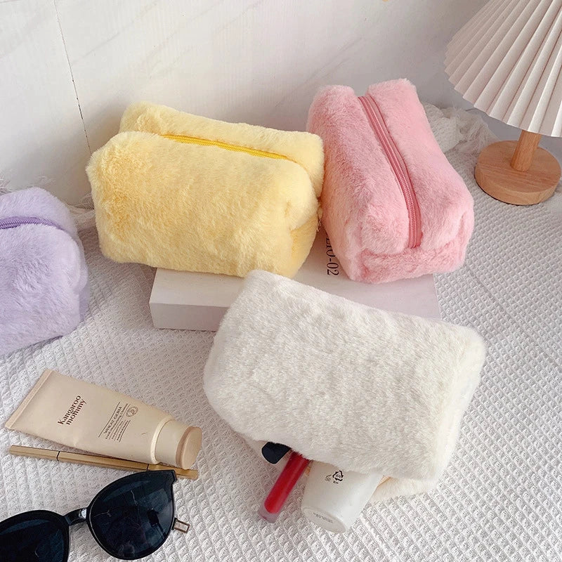 Solid Color Cosmetic Bag for Women Cute Plush Makeup Bag Zipper Travel Make Up Toiletry Bag Washing Pouch Plush Pencil Pouch