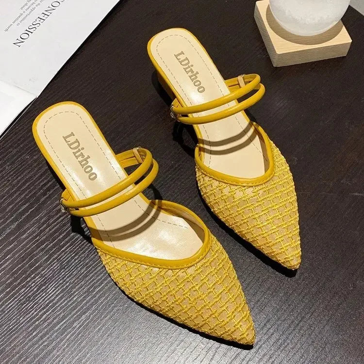 2024 Summer Sexy Pointed Toes Sandals Thin Strap Mulles Ladies Fashion Elegant Square Heels Slippers for Women Shoe White Yellow