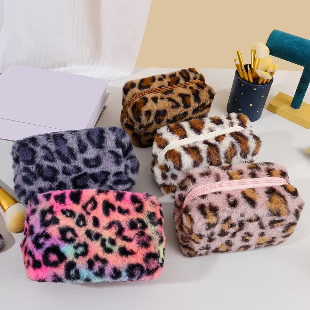 Leopard Fur Makeup Bags Soft Travel Women's Cosmetic Bag Organizer Case Lady Girls Make Up Bags Toiletry Handbags Case Kit