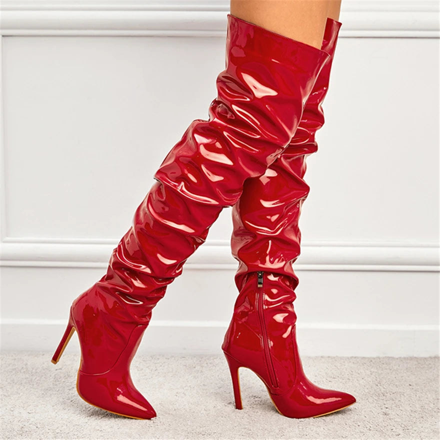 Women Patent Leather Elastic Over The Knee Boots New Female Pointy Thigh High Boots Sexy Slim Black High Heels Party Shoes 35-42