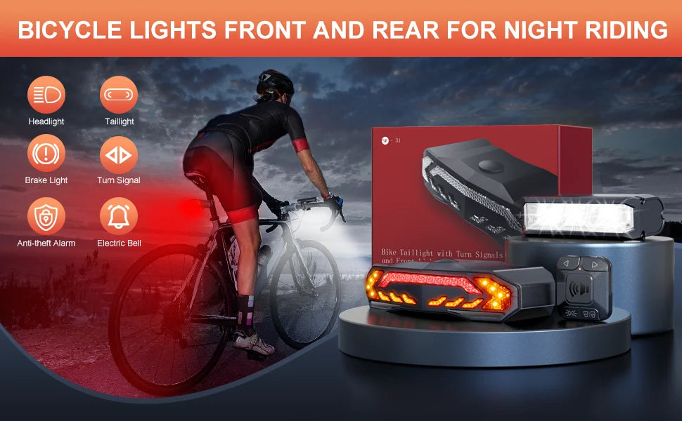 Camluxy Rechargeable Bike Light Front and Rear Set for Night Riding Ultra Bright Bicycle Headlight Turn Signals with Bike Alarm