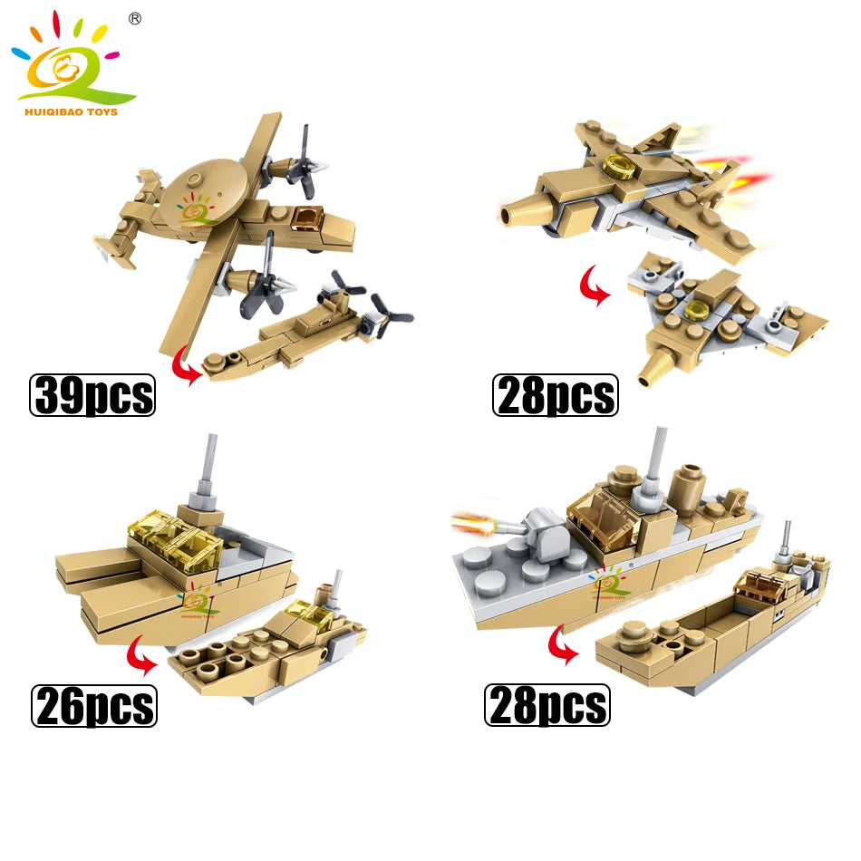 HUIQIBAO 544PCS 16in1 Military Tank Building Blocks Super Vehicle Plane Truck Car Ship Army Bricks Educational Toys For Children