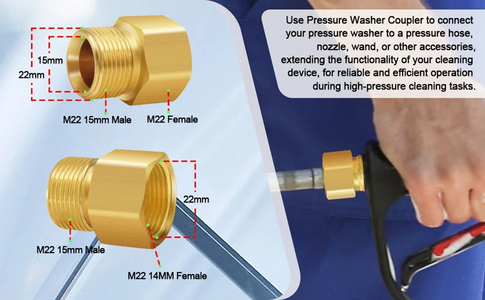 Pressure Washer Coupler Adapter M22 Female to M22 15mm /14mm Male Fitting for Hex Nipple Coupling Power Washer Hose 4500 PSI