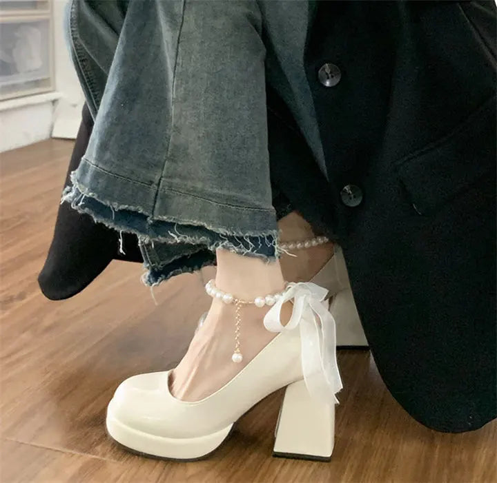 platform Women heels Elegant Pearl ankle strap Wedding shoes with bow Fashion Thick Heel Mary Jane Shoes Women Simple party pump