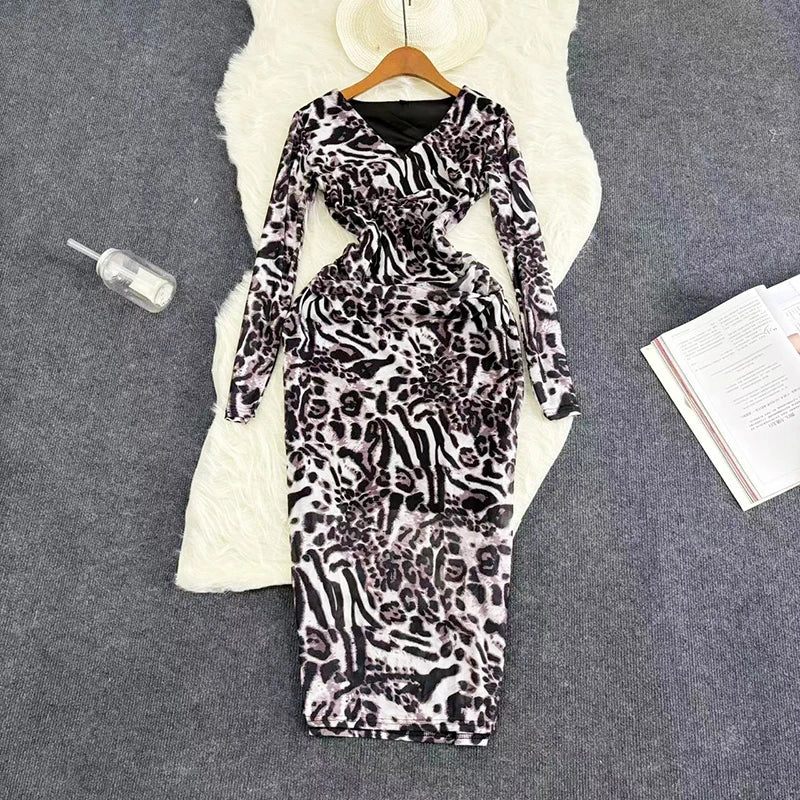 Mesh Print Women Maxi Dress V Neck Full Sleeve Bodycon Trendy Hipsters High Street Party Vintage  Attirewear