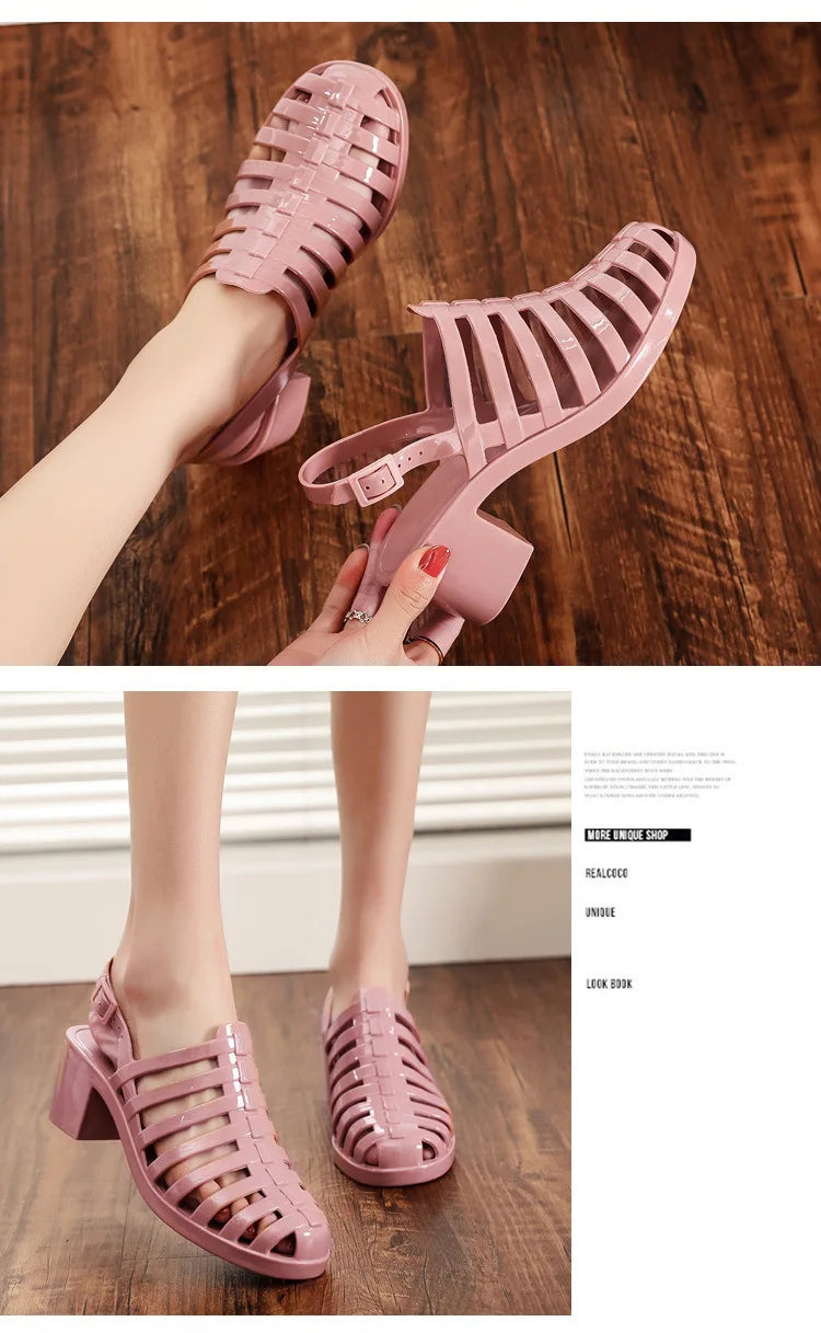 Comemore High Heels Women's Pvc Sandals for Summer 2023 Women Shoes Block Medium Heel Casual Plastic Sandal Clear Footwear Cheap