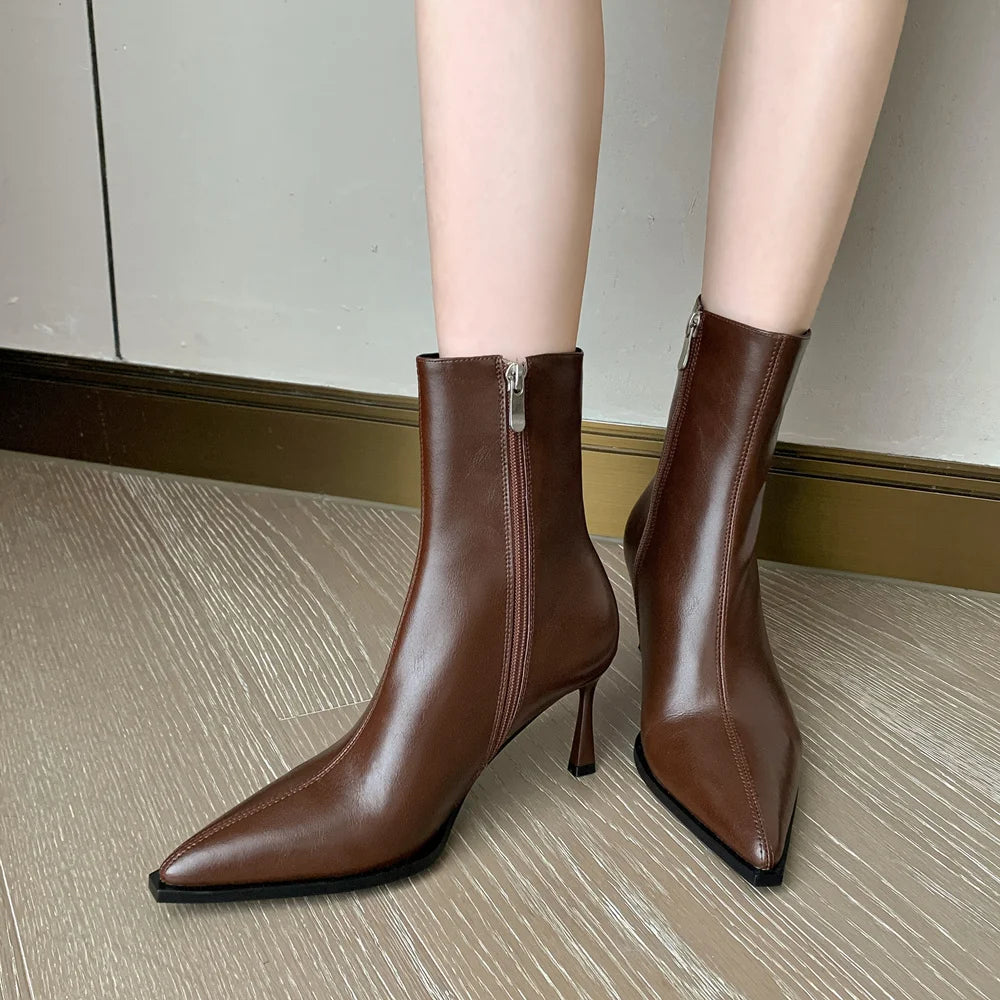 FEDONAS Thin High Heels Women Ankle Boots Pointed Toe Elegant Shoes Woman Autumn Winter Side Zipper Genuine Leather Office Lady