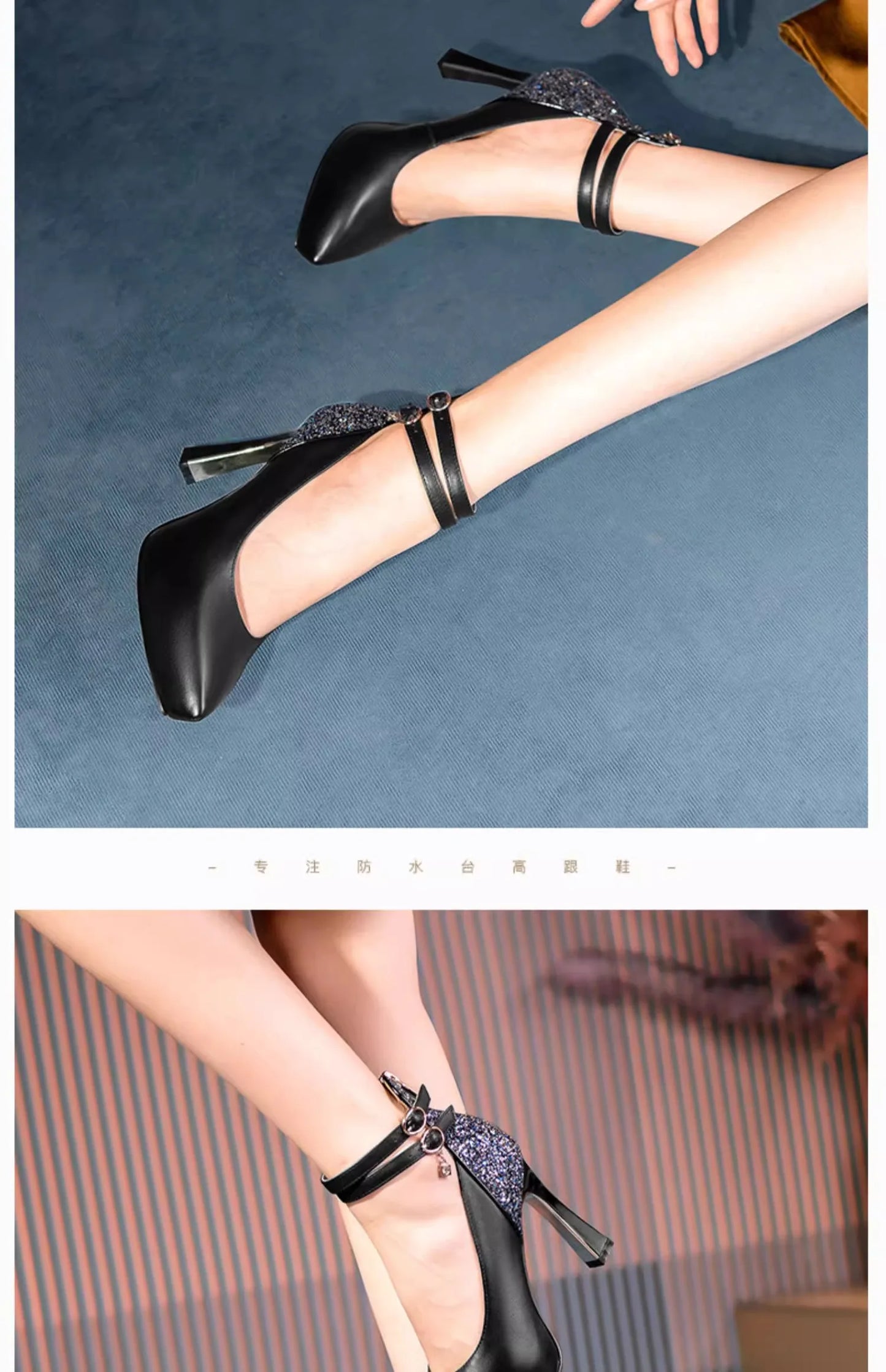 Rhine-diamond single shoes 2024 spring new black leather shoes waterproof platform high heels 10cm large size women shoes 34-43