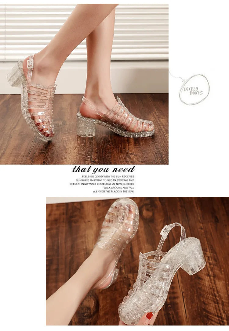 Comemore High Heels Women's Pvc Sandals for Summer 2023 Women Shoes Block Medium Heel Casual Plastic Sandal Clear Footwear Cheap