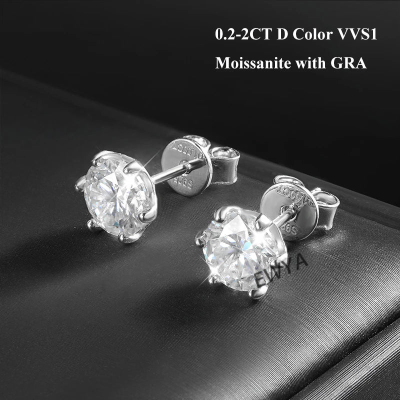 EWYA 925 Sterling Silver 0.2-2ct D VVS1 6 Prong Diamond with GRA Moissanite Screw Stud Earrings For Women Wedding Fine Jewelry