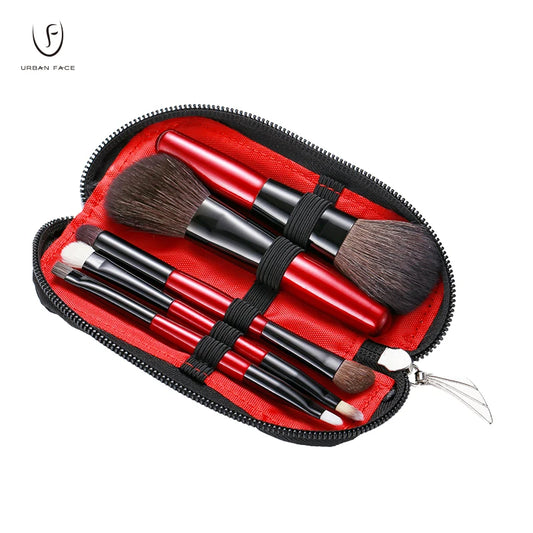 5pcs Makeup Travel Size Brush Red Short Handle Make Up Brush Kit Powder Blush Brush Set