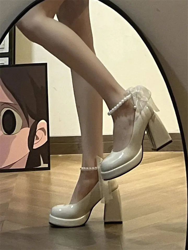 platform Women heels Elegant Pearl ankle strap Wedding shoes with bow Fashion Thick Heel Mary Jane Shoes Women Simple party pump