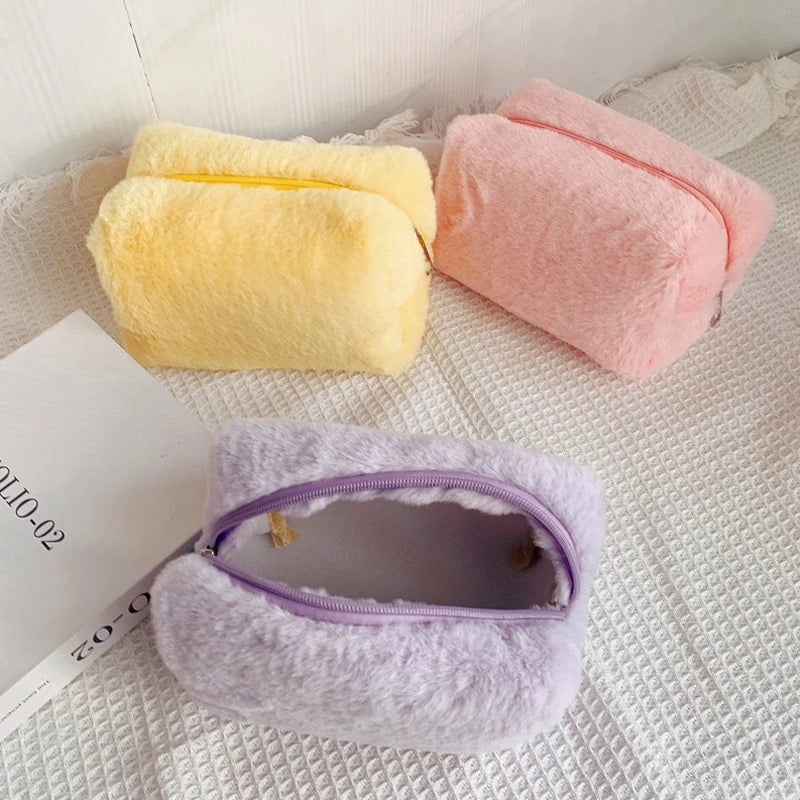 Solid Color Cosmetic Bag for Women Cute Plush Makeup Bag Zipper Travel Make Up Toiletry Bag Washing Pouch Plush Pencil Pouch