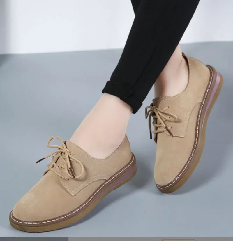 2024 Winter Women Sneakers Oxford Shoes  Flats Shoes Women Leather Suede Lace Up Boat Shoes Round Toe Flats Moccasins