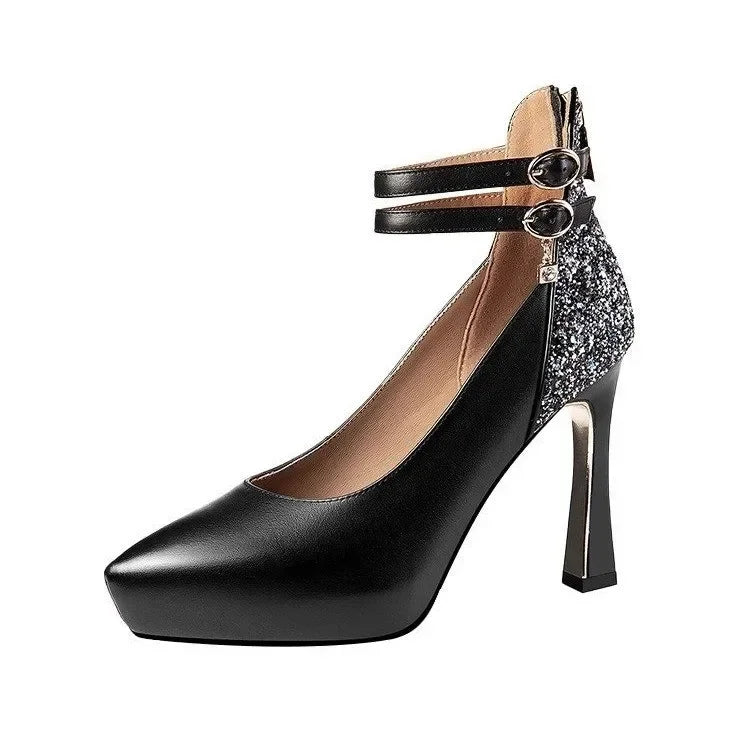 Rhine-diamond single shoes 2024 spring new black leather shoes waterproof platform high heels 10cm large size women shoes 34-43