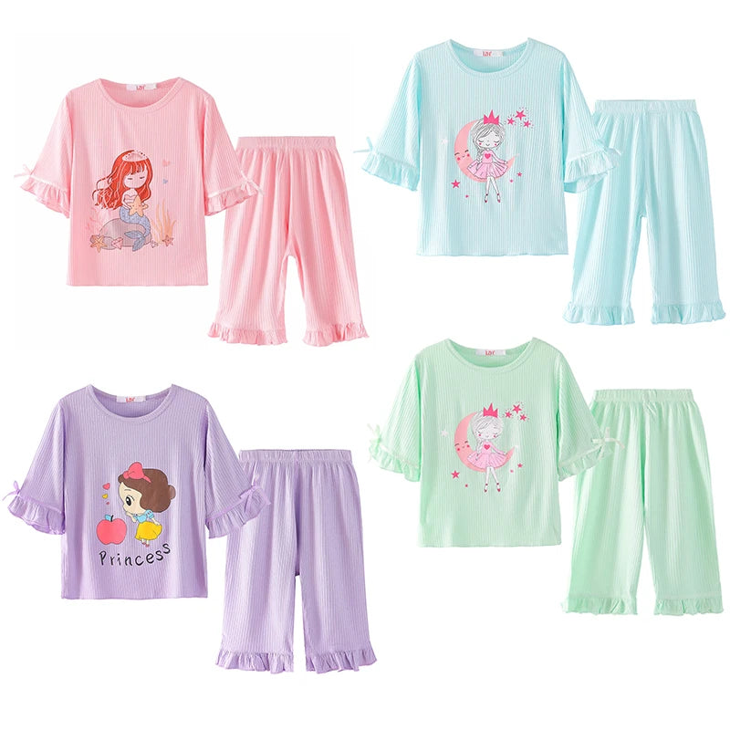 Cartoon Girl Clothing Sets Modal Casual Homewear Princess Mermaid Printing Toddler Outfits Summer Daily Children Costume 12 Yrs