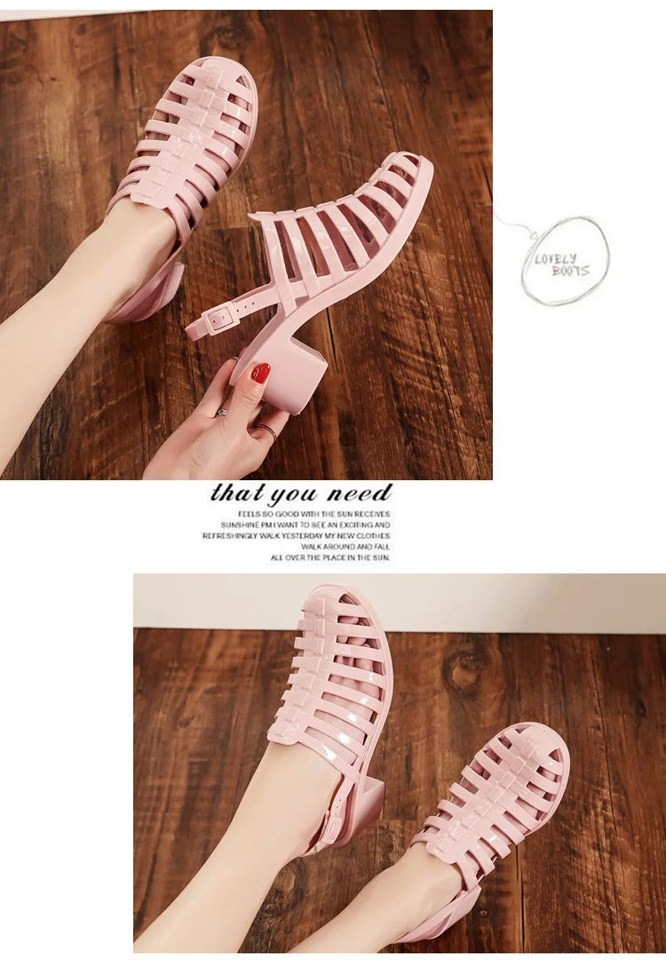 Comemore High Heels Women's Pvc Sandals for Summer 2023 Women Shoes Block Medium Heel Casual Plastic Sandal Clear Footwear Cheap