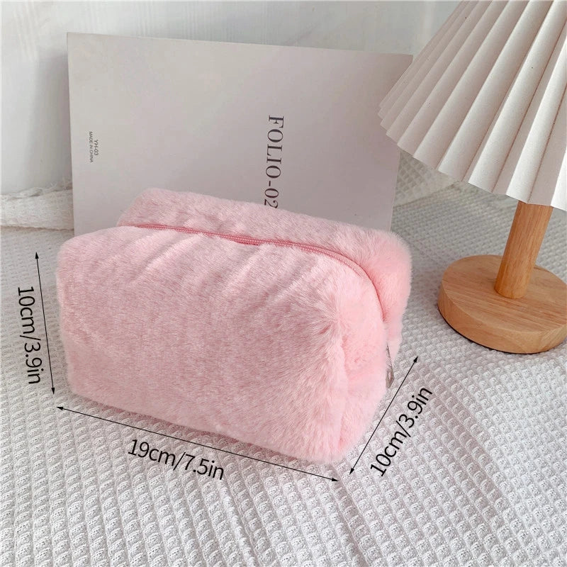 Solid Color Cosmetic Bag for Women Cute Plush Makeup Bag Zipper Travel Make Up Toiletry Bag Washing Pouch Plush Pencil Pouch